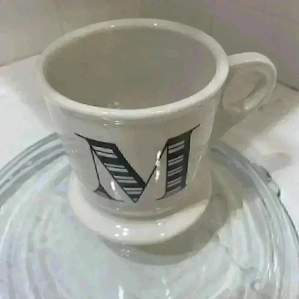Anthropologie Coffee Mug Monogram Letter M Black White Shaving Style Cup NEW